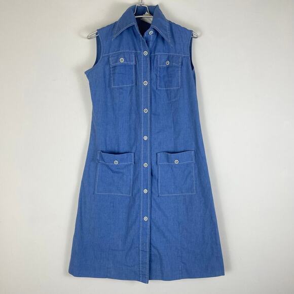 Vintage 1970 Whistlers Missy Dress Sleeveless Cotton Button Up Midi Dress Sz 12 - Picture 1 of 9